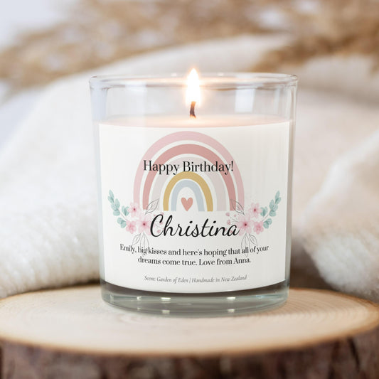 Happy birthday, birthday gift, personalized gift, gift for kid, gift for her, gift for best friend, gift for friend, rainbow, candle, coconut candle