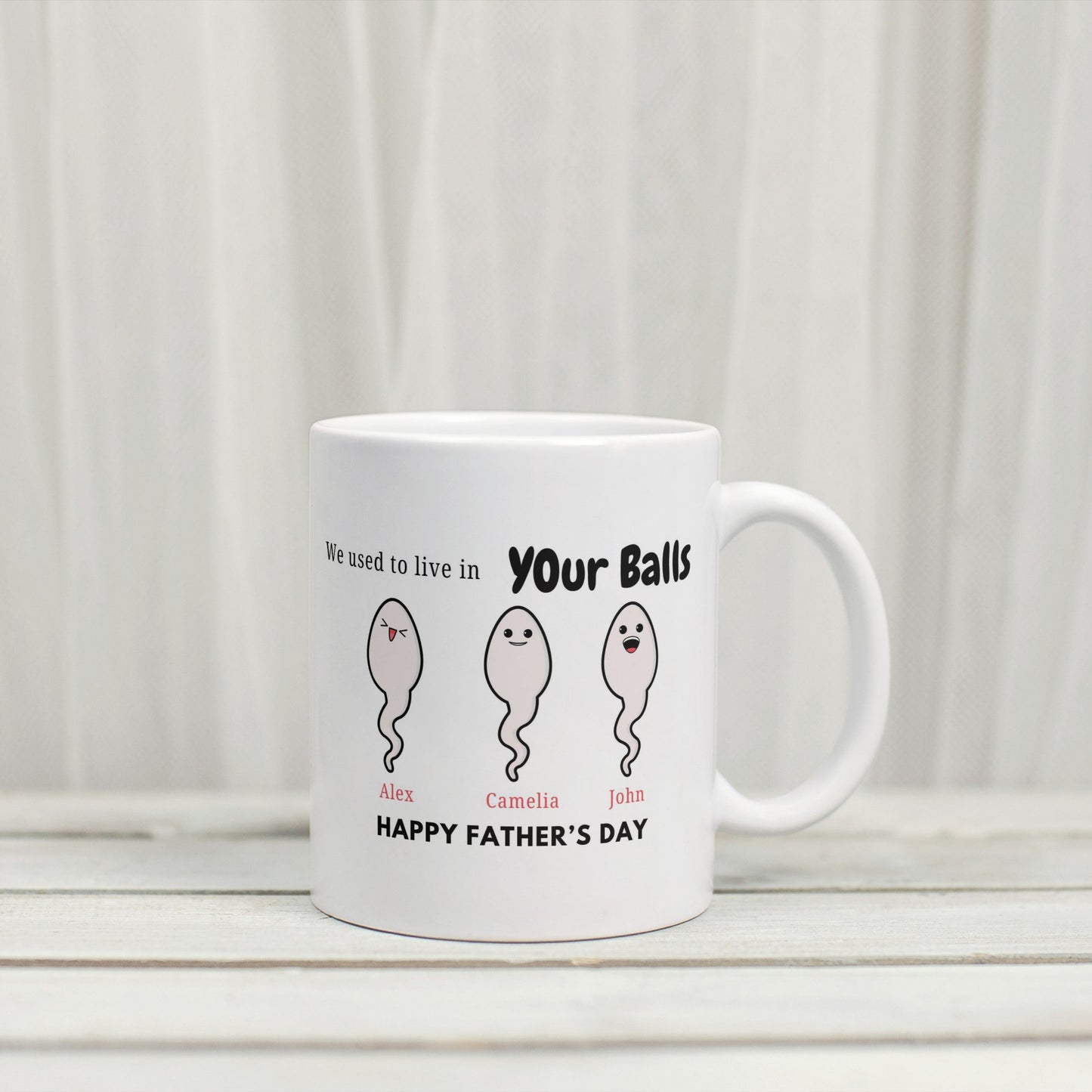 Create a hilarious custom mug “We Used to Live in Your Balls” with kids’ names and sperm icons. funny personalized dad mug, we used to live in your balls mug, custom kids name mug, gag gift for dad, humorous father’s day mug