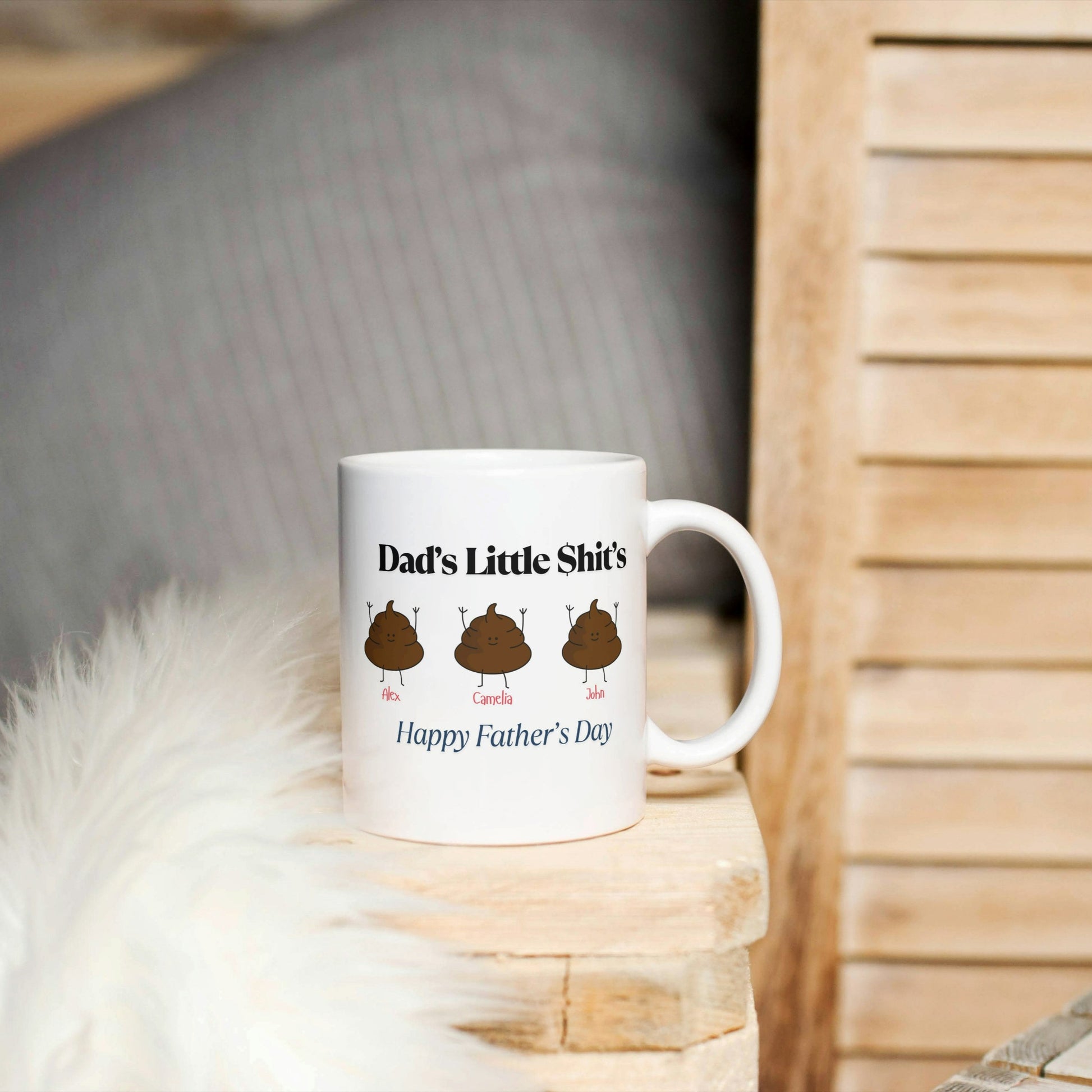 Funny “Dad’s Little Shit’s” mug personalized with kids’ names and matching poo icons. personalized dad mug, dads little shits mug, custom kids name mug, funny father’s day gift, gag gift for dad