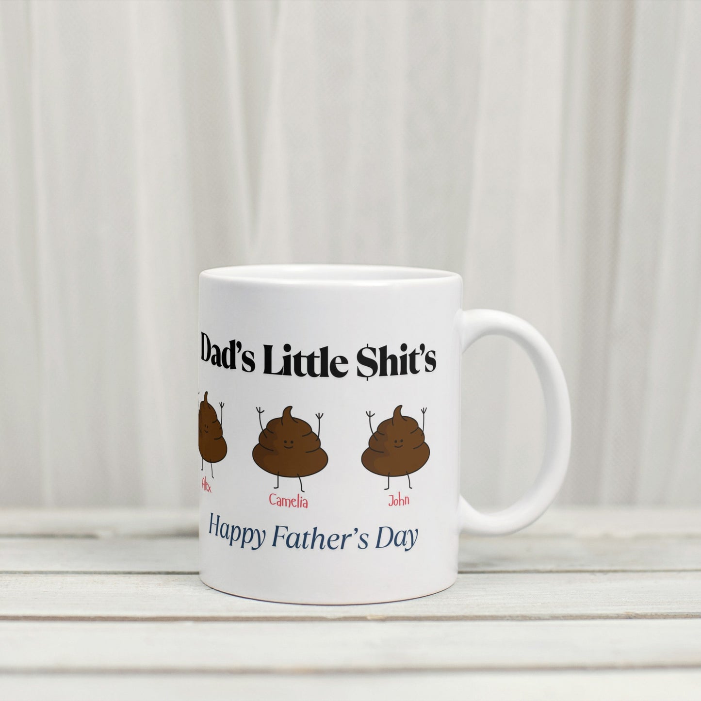 Funny “Dad’s Little Shit’s” mug personalized with kids’ names and matching poo icons. personalized dad mug, dads little shits mug, custom kids name mug, funny father’s day gift, gag gift for dad