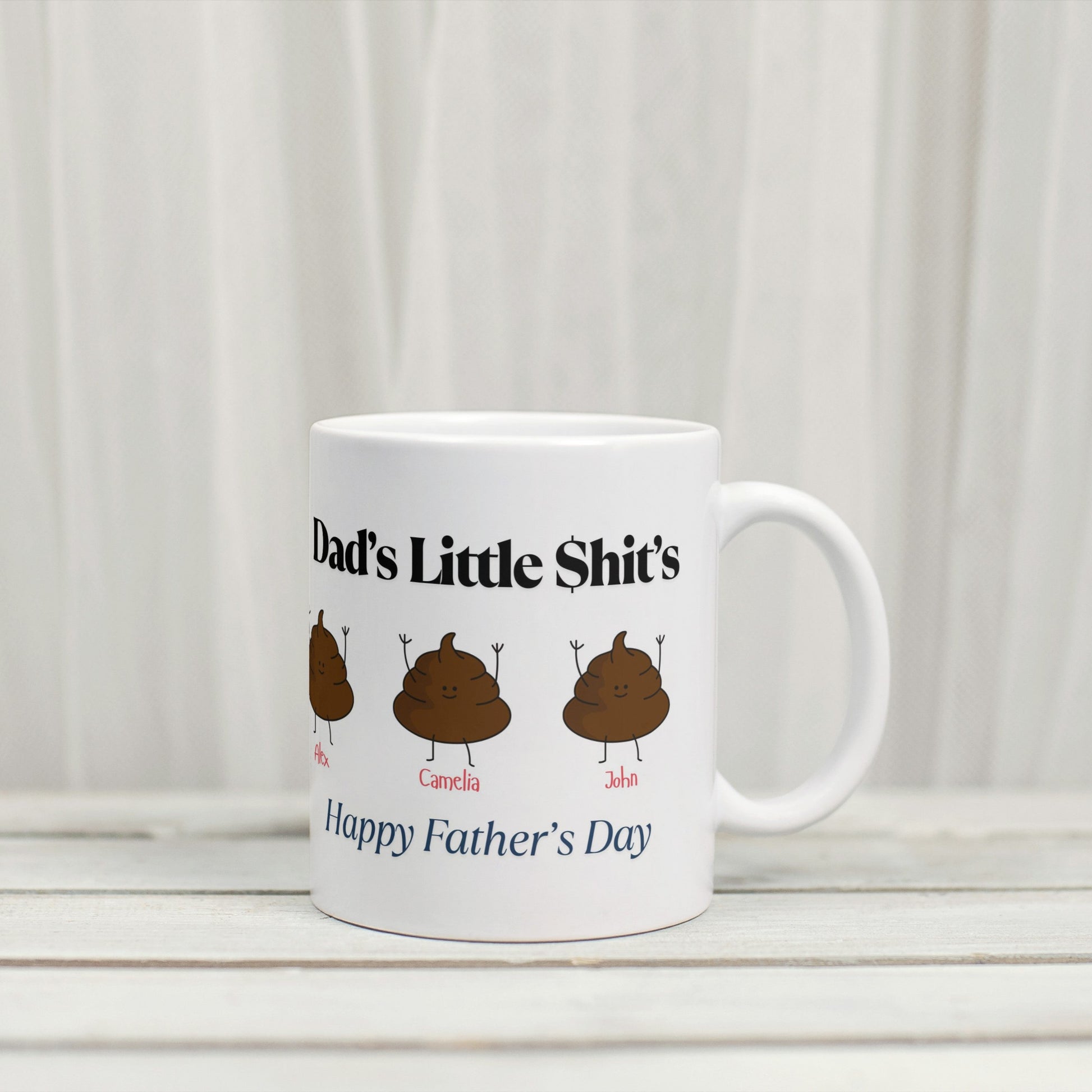Funny “Dad’s Little Shit’s” mug personalized with kids’ names and matching poo icons. personalized dad mug, dads little shits mug, custom kids name mug, funny father’s day gift, gag gift for dad