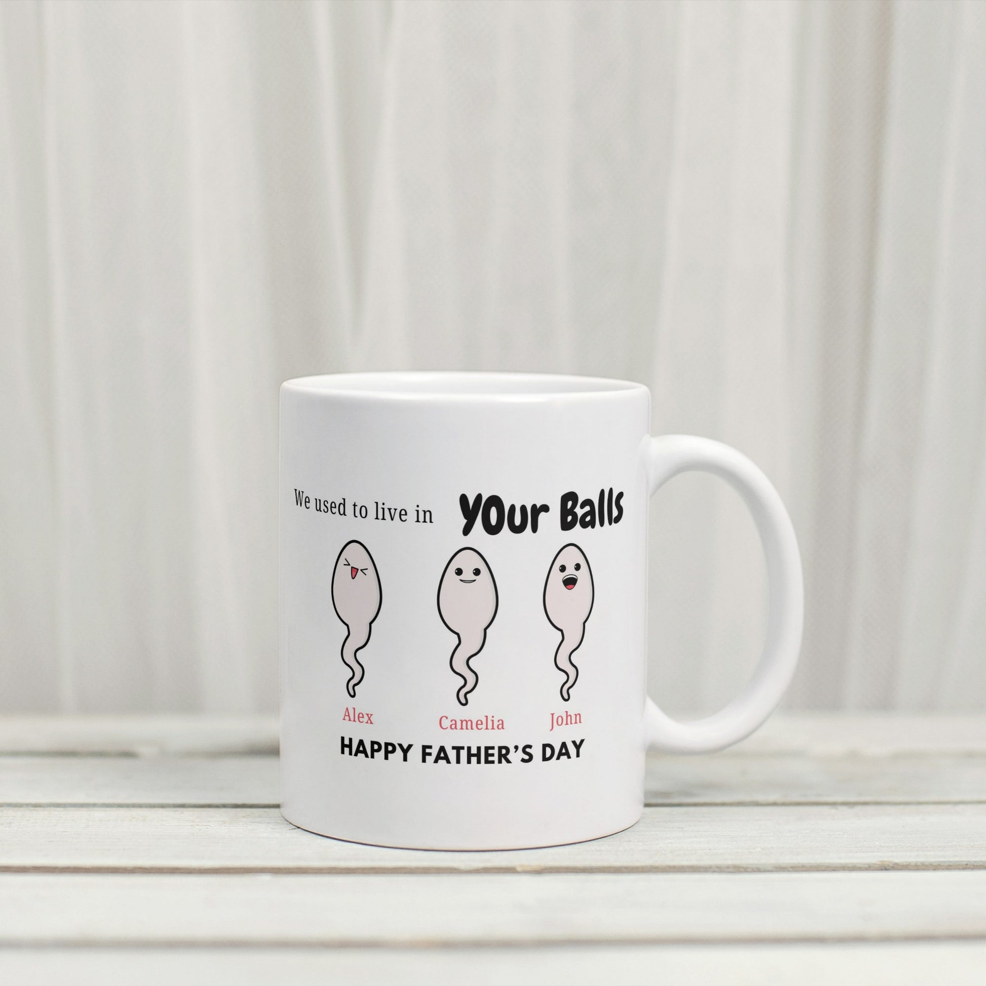 Create a hilarious custom mug “We Used to Live in Your Balls” with kids’ names and sperm icons. funny personalized dad mug, we used to live in your balls mug, custom kids name mug, gag gift for dad, humorous father’s day mug